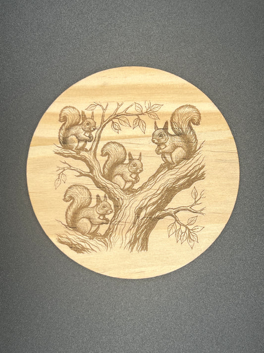 Tree squirrels wooden coaster